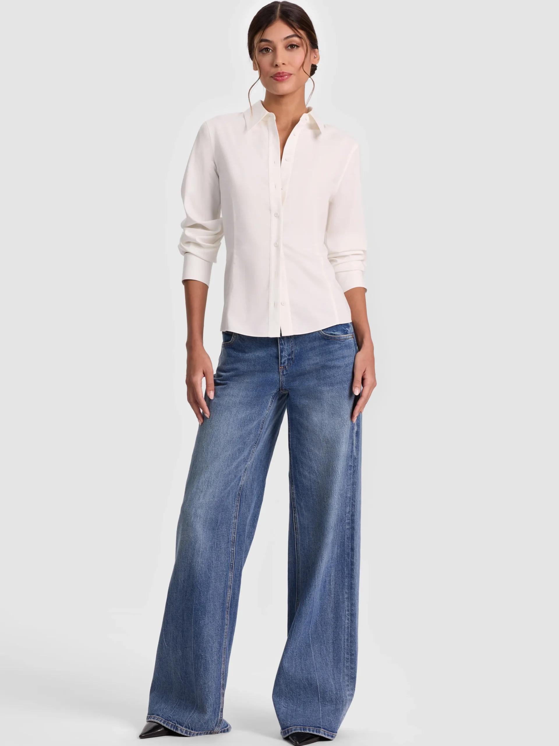 Alice and Olivia BLOUSES*AMELIA BUTTON DOWN WITH LACE UP BACK BLACK