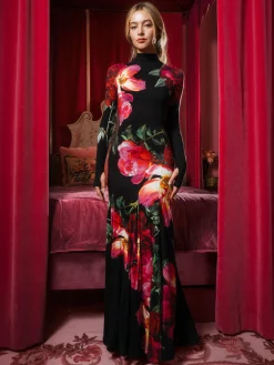 Alice and Olivia MAXI*AUGUSTA OPEN BACK MAXI DRESS EMPRESS BLOOM OFF WHITE