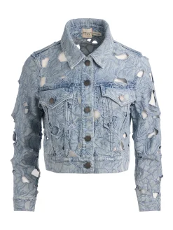 Alice and Olivia DENIM*CHLOE LASER-CUT DENIM JACKET ROCKSTAR BLUE