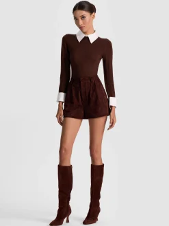 Alice and Olivia ANDREW PANT|JADE MESH BUTTON DOWN*CONRY SUEDE SHORT MOCHA