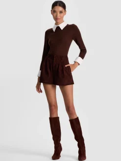 Alice and Olivia ANDREW PANT|JADE MESH BUTTON DOWN*CONRY SUEDE SHORT MOCHA