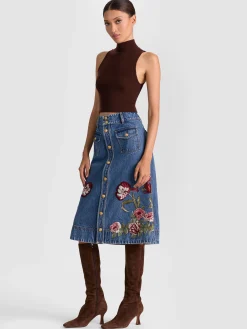 Alice and Olivia MIDI*DAHLIA EMBROIDERED DENIM SKIRT