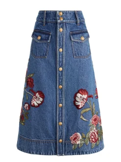 Alice and Olivia MIDI*DAHLIA EMBROIDERED DENIM SKIRT