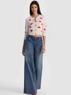 Alice and Olivia CARDIGANS*DARODA LIP CARDIGAN OFF WHITE/BLACK STRIPE