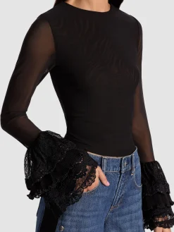 Alice and Olivia CROP TOPS*DELAINA TOP WITH RUFFLE CUFF BLACK