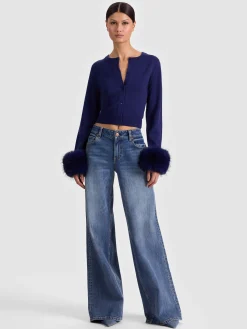 Alice and Olivia CARDIGANS*DOLLIE FAUX FUR CUFF CARDIGAN GREY MINERAL