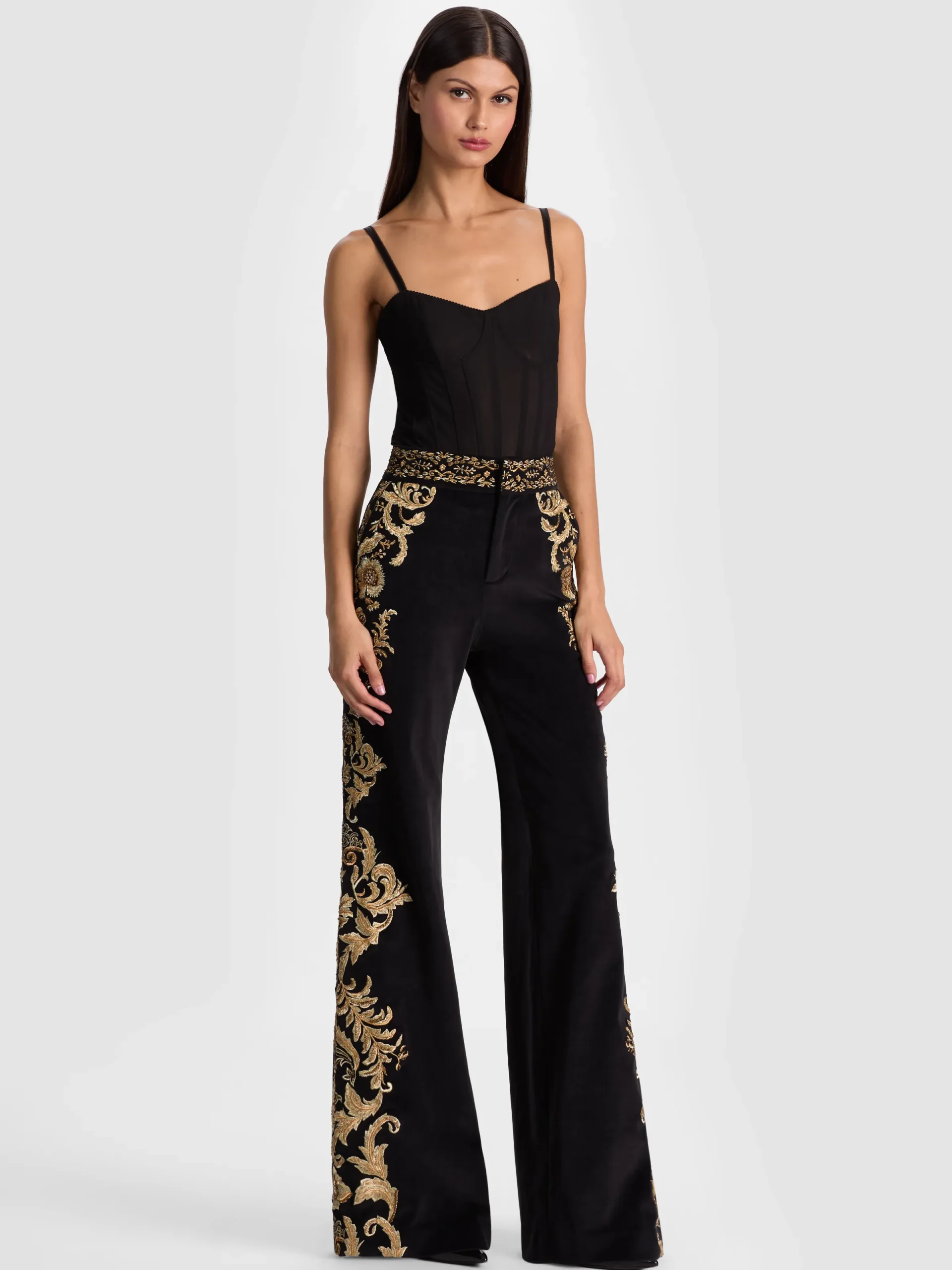Alice and Olivia WIDE LEG*DYLAN EMBROIDERED VELVET PANT