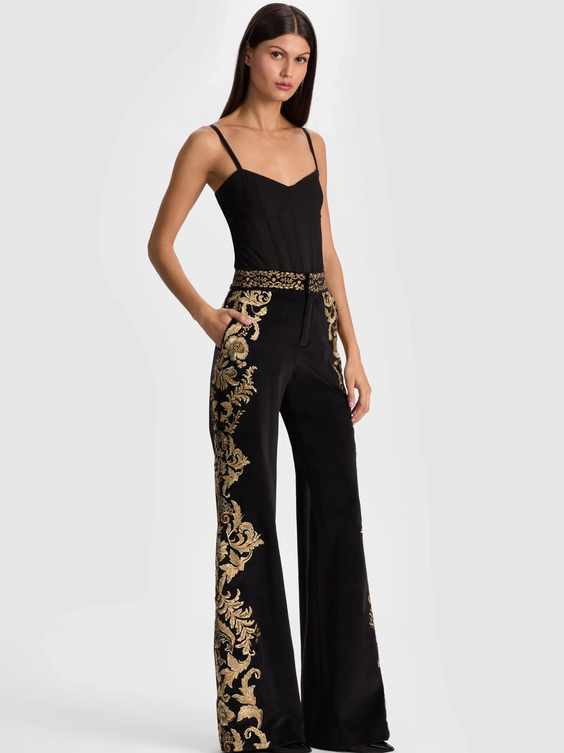 Alice and Olivia WIDE LEG*DYLAN EMBROIDERED VELVET PANT