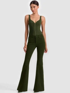 Alice and Olivia BODYSUITS*EVE ZIP FRONT BODYSUIT DARK OLIVE