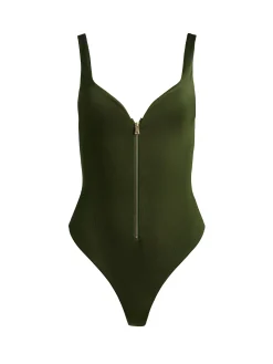 Alice and Olivia BODYSUITS*EVE ZIP FRONT BODYSUIT DARK OLIVE