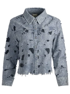 Alice and Olivia CROP TOPS*FINELY LASER-CUT DENIM SHIRT WHITE