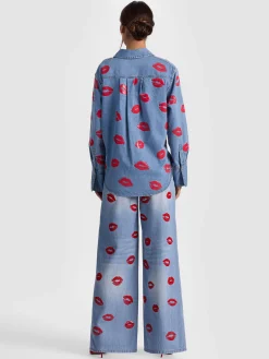 Alice and Olivia ANDREW PANT|JADE MESH BUTTON DOWN*FINELY OVERSIZED BUTTON DOWN DARK OLIVE