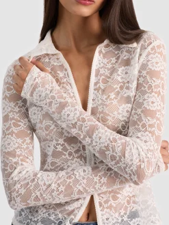 Alice and Olivia CROP TOPS*KARA LACE BUTTON DOWN GREY MINERAL