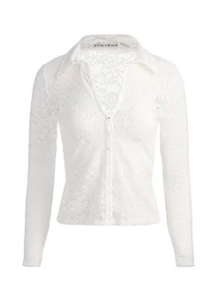 Alice and Olivia CROP TOPS*KARA LACE BUTTON DOWN GREY MINERAL