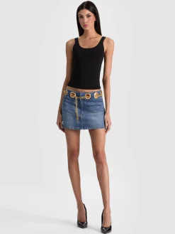 Alice and Olivia MINI*MORGANA CHAIN BELT DENIM MINI SKIRT SOFT WHITE