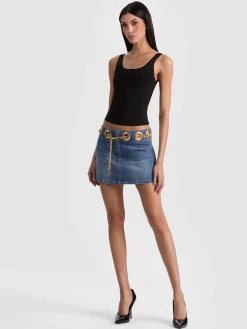 Alice and Olivia MINI*MORGANA CHAIN BELT DENIM MINI SKIRT SOFT WHITE